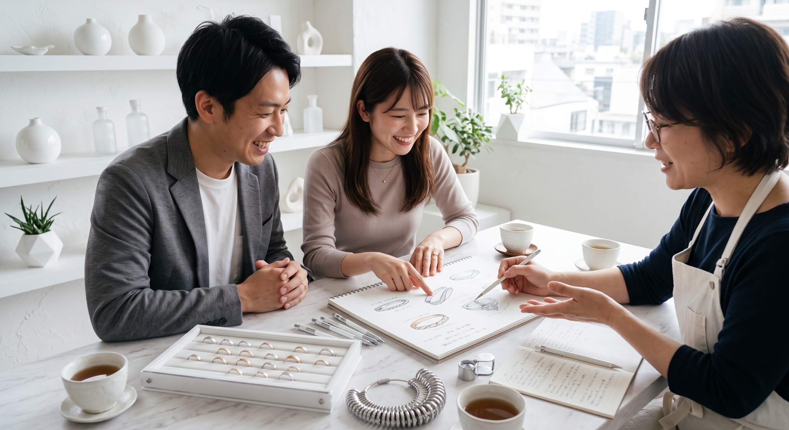 オーダーメイド結婚指輪の相談をしているカップルとデザイナー